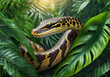 Python snake in tropical leaves portrait, elegant tropical animal, wild rainforest animal portrait