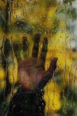 Sticker - A person's hand visible through a rain-covered window. Suitable for weather, loneliness concepts