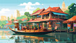 Boat tour in Amphawa floating market .. 2d flat cartoon