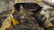 A firefighter dressed in a protective yellow suit with a gas mask holds a frightened cat rescued from a fire in his arms