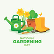 National Gardening Day poster vector illustration. Garden watering can, shovel, flowerpot with plant, rubber boots icons. Garden tools icon set vector. Template for background, banner, card