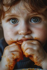 Sticker - A young child enjoying a piece of food. Suitable for food and nutrition concepts