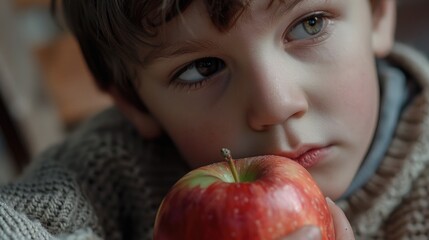 Wall Mural - Young boy holding an apple, versatile image for various projects