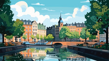 Canal And Park In Dusseldorf Downtown .. 2d Flat Cartoon