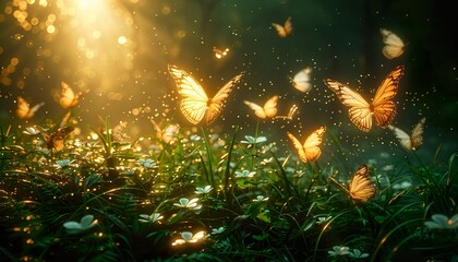 Wall Mural - abstract natural background with butterflies and green grass 