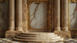 Marble podium framed by elegant architectural elements for product presentation, golden luxury room