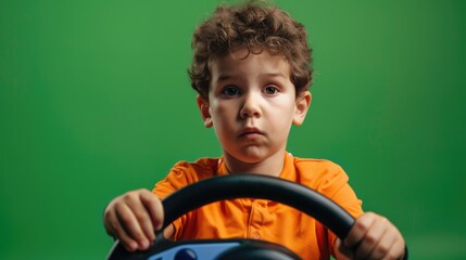 A young boy sitting behind a steering wheel. Suitable for transportation and childhood themes