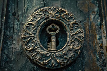 Wall Mural - A key placed in the center of a wooden door, suitable for various concepts and designs