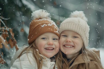 Two smiling girls in the snow, perfect for winter themes