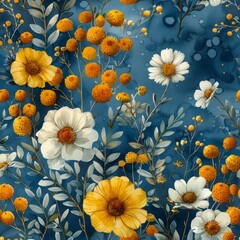 Wall Mural - Hand painted yellow and white flowers and plants on a blue background, seamless pattern with watercolors