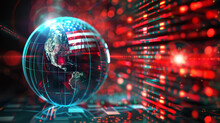 The Digital World Globe Centered On The USA, The Concept Of A Global Network And Connectivity On Earth, Data Transfer And Cyber Technology, Information Exchange, And International Telecommunication