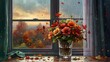 Flora, A bouquet of autumn flowers without a vase lie on a table near the window, small autumn leaves of red and green colors are falling outside the window, windy, rain on the glass, highly detailed 
