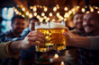 Friends Toasting Drinking Beer Happy Clinking Pint Glasses Together At Bar