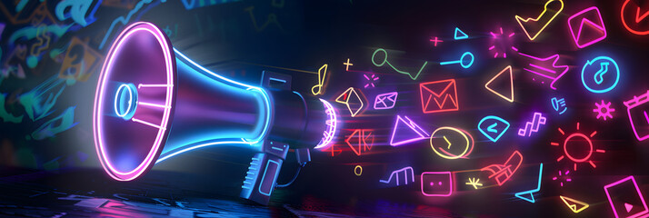 Wall Mural - vibrant neon megaphone with various marketing buzzwords like seo social media and public relations. 