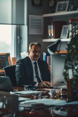 Poster - A man sitting at a desk in an office. Suitable for business concepts