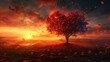 Romantic sunset, scarlet heart tree at center, autumn leaves drifting, sky painted in deep, passionate colors