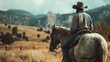 cowboy riding horse across country, concept of wild west and western