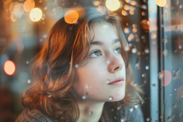 Wall Mural - A woman looking out of a window at the rain. Suitable for weather concept