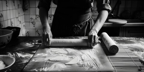 Poster - A person rolling dough on a table in a kitchen. Perfect for food and cooking concepts