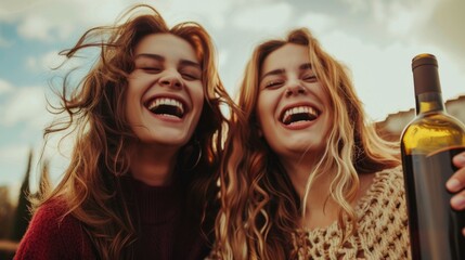 Poster - Two women happily laughing and holding a bottle of wine. Suitable for social gatherings and celebrations