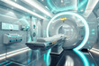 Futuristic high-tech MRI scanner in sterile medical facility.