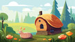 Cozy cottage on the background of friendly giant snail wa