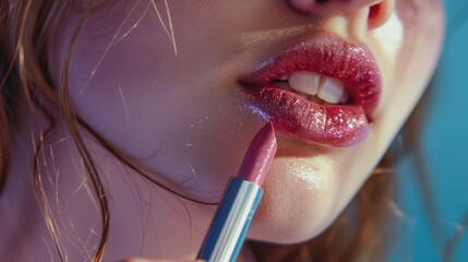 Wall Mural - Close up of a person putting lipstick on her lips. Ideal for beauty and makeup concepts