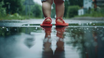 Wall Mural - A little girl standing in the rain with her red flip flops. Suitable for weather or childhood concept