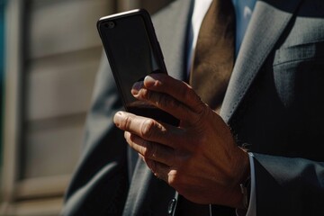 Wall Mural - Close up of a person in a suit holding a cell phone. Suitable for business and communication concepts