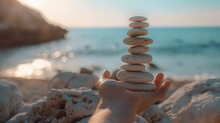 A Person Holding A Stack Of Rocks On The Beach. Ideal For Nature And Mindfulness Concepts