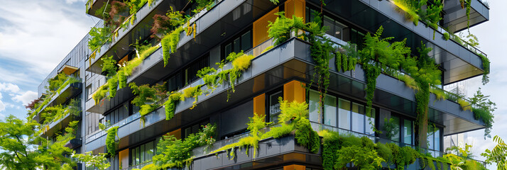 Exterior of a green-certified corporate building, showcasing sustainable design and energy efficiency in a modern city setting. Sustainable green building. Eco-friendly building. Green architecture.