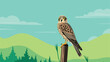 European common kestrel on a pole with a green background