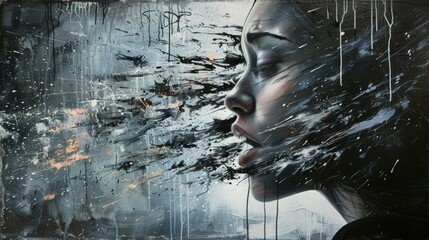 Wall Mural - Woman's face with paint splashes in the foreground