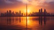 Vibrant sunset casting golden hues over the Dubai skyline, modern architectural wonders, --ar 16:9