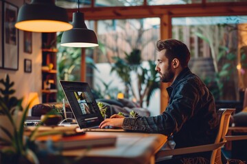 Wall Mural - A man focused on his work, sitting at a desk and using a laptop computer