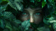 A woman with striking green eyes peeking out from behind a bush in a secretive manner