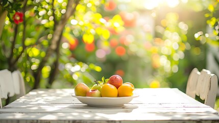 Close up view of white wooden table and two chairs, on the table a plate with fruits in vintage style, in the background a green garden with many flowers