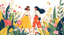 Girls In Spring Season Watercolor Clipart 2d Flat Cartoon