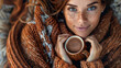 A woman with freckled hair is holding a cup of coffee