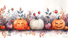 Watercolor Painting Of Pumpkins And Leaves On White Background