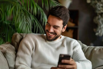 Wall Mural - Happy smiling man relaxing while looking at mobile phone. Man reading news on smartphone, Generative AI 