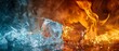 Melting ice cubes confront a fierce blaze, encapsulating a breathtaking close-up of the elemental dance between cold and heat, with smoke and sparks flying in the dramatic interaction.