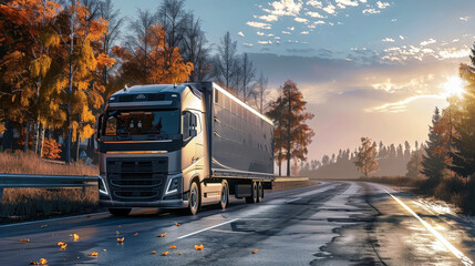 Wall Mural - A cargo semi-truck drives down a highway during sunset, with the orange glow of the setting sun in the background