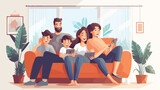 Fototapeta Londyn - Happy family sitting on sofa over isolated background