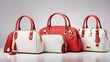 Set of chic women's handbags with red and white leather, varying styles and hues, and luxury, exquisite handbags for ladies, isolated on a translucent white background