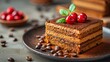   A tight shot of a slice of cake on a plate, garnished with coffee beans and cherries atop
