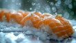   A collection of oranges atop a salt-covered table, dotted with seaweed and besprinkled by water droplets