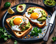 Illustration of tasty toasts with guacamole and fried egg served on a dark wooden plate. Healthy breakfast. mockup for reataurant menu. Generative AI.