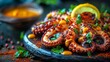   A plate of octopus rings garnished with assorted garnishes