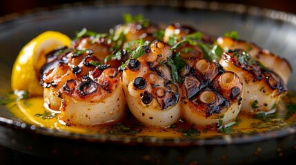 Wall Mural -   Close-up of scallops on a plate with lemon wedges and parsley